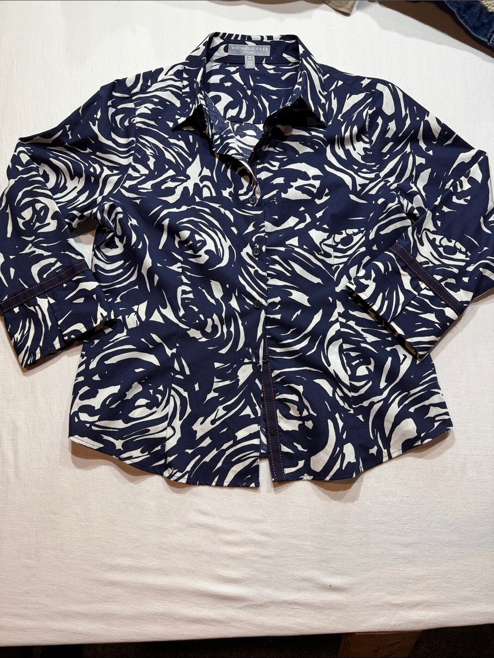 Foxcroft Navy and White Floral wrinkle Free, Button-Down, pink accents. Womens